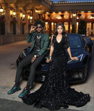 Niulatu Black Sequins Mermaid Evening Dress Black Evening Gown HZ1007