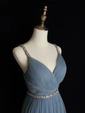Niulatu Blue Tulle Beaded A Line Evening Dress Spaghetti Straps V Neck Prom Dress HZ1007