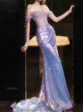 Niulatu Off Shoulder Beaded Sequin Mermaid Prom Purple Formal Evening Gown HZ1007