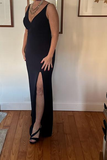 Niulatu V Neck Black Sleeveless Satin Prom Dress Side Slit Party Evening Dress HZ1007