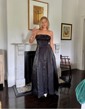 Niulatu Black Strapless A Line Evening Dress Long Prom Dress HZ1007