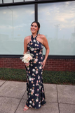 Niulatu Halter Navy Blue Satin Print Long Prom Dress Evening Dress HZ1007