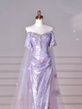 Niulatu Lilac Sequin Tulle Beaded Mermaid Slit Evening Dress Off The Shoulder Tulle Appliques Prom Dress HZ1007