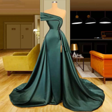 Niulatu Long Satin Evening Dresses Wear Elegant Ruched Crystal Beads Split One Shoulder Evening Gowns Formal Women Prom Dresses HZ1007