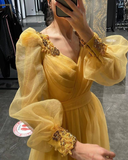 Niulatu Sleeves V Neck Tulle Slit Evening Dress HZ1007