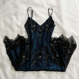 Niulatu Mermaid Spaghetti Straps Beaded Navy Blue Satin Long Prom Dress HZ0113