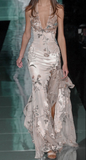 Niulatu Deep V Satin Sequins Embroidered Prom Dress Mermaid Slit Evening Dress HZ1007