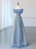 Niulatu Tulle Sequins Evening Dress Off The Shoulder Pleats A Line Prom Dress HZ1007