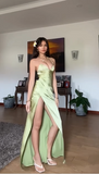 Niulatu Green Spaghetti Straps High Slit A Line Evening Dress Backless Prom Dress HZ1007