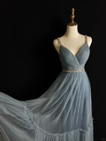 Niulatu Blue Tulle Beaded A Line Evening Dress Spaghetti Straps V Neck Prom Dress HZ1007