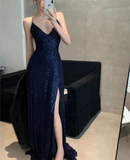 Niulatu Navy Blue V Neck Slit Evening Dress Long Prom Dress HZ1007
