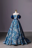 Niulatu Printed Long A-Line Prom Dress Blue Off the Shoulder Formal Evening Dress HZ1007