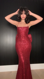 Niulatu Burgundy Sequins Mermaid Evening Dress Backless Long Prom Dress With Bow HZ1007