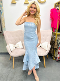 Niulatu Strapless Mermaid Evening Dress Blue Satin Print Prom Dress HZ1007