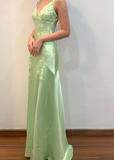 Niulatu Mermaid V Neck Appliques Satin Open Back Long Prom Dress Outfits HZ0113