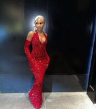 Niulatu Girl Sexy Halter Sequin Red Prom Dress Long Mermaid Evening Dress HZ1007