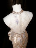 Niulatu Champagne Gold Sequin Sheath Prom Dress Halter Long Evening Dress HZ1007