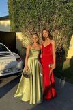 Niulatu Green Satin Pleated Prom Dress A Line Evening Dress HZ1007