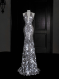 Niulatu Silver Deep V Halter Sequins Beaded Backless Evening Dress Mermaid Prom Dress HZ1007