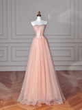 Niulatu Peach Pink Strapless Sequins Tulle A Line Long Prom Dress Evening Dress HZ1007