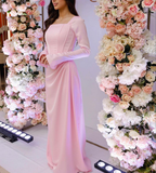 Niulatu Pink Square Neckline Column Evening Dress with Long Sleeves HZ1007