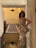 Niulatu Sheath Halter Print Floral Chiffon Open Back Prom Dress Evening Dress HZ0113