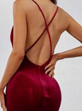 Niulatu Red Spaghetti Straps Red Velvet Evening Dress Mermaid Prom Dress HZ1007
