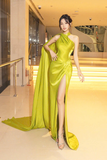 Niulatu Green Halter Satin Slit Mermaid Prom Dress Long Evening Dress HZ1007