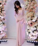 Niulatu Pink Square Neckline Column Evening Dress with Long Sleeves HZ1007