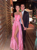 Niulatu Pink A-line Strapless Side Slit Long Party Prom Dresses HZ0113