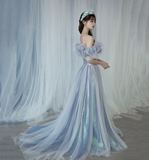 Niulatu tulle long A line prom dress blue evening gown HZ1007