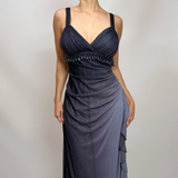 Niulatu A Line Spaghetti Strap Beaded Navy Blue Ombre Chiffon Party Dress Evening Dress HZ0113