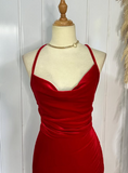 Niulatu Red Spaghetti Straps Red Velvet Evening Dress Mermaid Prom Dress HZ1007