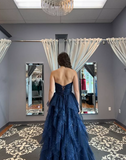Niulatu Tulle Sequins Evening Dress Navy Blue A Line Prom Dress HZ1007
