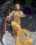 Niulatu Gold Beaded Prom Dress for Black Girls Crystal Mermaid Formal Evening Dress Side Slit Evening Dress HZ1007