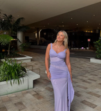 Niulatu Lavender Chiffon Pleated Prom Dress Sheath Slit Evening Gown HZ1007