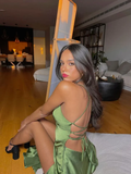 Niulatu Spaghetti Straps Green Prom Dress Long Slit Evening Dress HZ1007