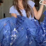 Niulatu Blue Tulle Sequins Layered Evening Dress Formal Slit Prom Dress HZ1007