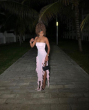 Niulatu Strapless Ruffle Evening Dress Women Sexy Bodycon Fringe Elegant Sleeveless Backless Holiday Club Party Dress HZ1007