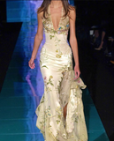 Niulatu Deep V Satin Sequins Embroidered Prom Dress Mermaid Slit Evening Dress HZ1007