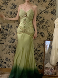 Niulatu Green Ombre A Line Spaghetti Straps Beaded Satin Prom Dress 16th Birthday Dress HZ0113