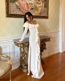 Niulatu Off The Shoulder Ruffles Cream Long Prom Dress Slit Party Evening Dress HZ1007