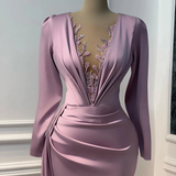Niulatu Purple Prom Dress Long Sleeve Illusion V-neck Mermaid Evening Dress Floor Length HZ1007