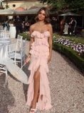 Niulatu Pink Chiffon Ruffles Tiered Evening Dress Slit Mermaid Prom Party Dress HZ1007