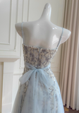 Niulatu A Line Spaghetti Strap Floral Blue Tulle Prom Dress Wedding Guest Dress HZ0113