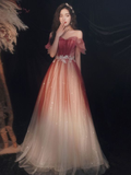 Niulatu Tulle Sequins Long Prom Dresses A-Line Ombre Evening Dresses HZ1007