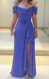 Niulatu Side Split Mother of the Bride Dresses Pleated Wedding Guest Dress Off Shoulder Neckline Chiffon A Line Evening Dress HZ1007