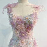 Niulatu A line Straps Sequin Flowers Long Pink Prom Dress Evening Dresses HZ1110