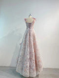 Niulatu A line Straps Sequin Flowers Long Pink Prom Dress Evening Dresses HZ1110
