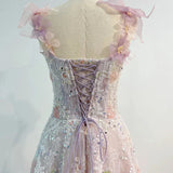 Niulatu A line Straps Sequin Flowers Long Pink Prom Dress Evening Dresses HZ1110
